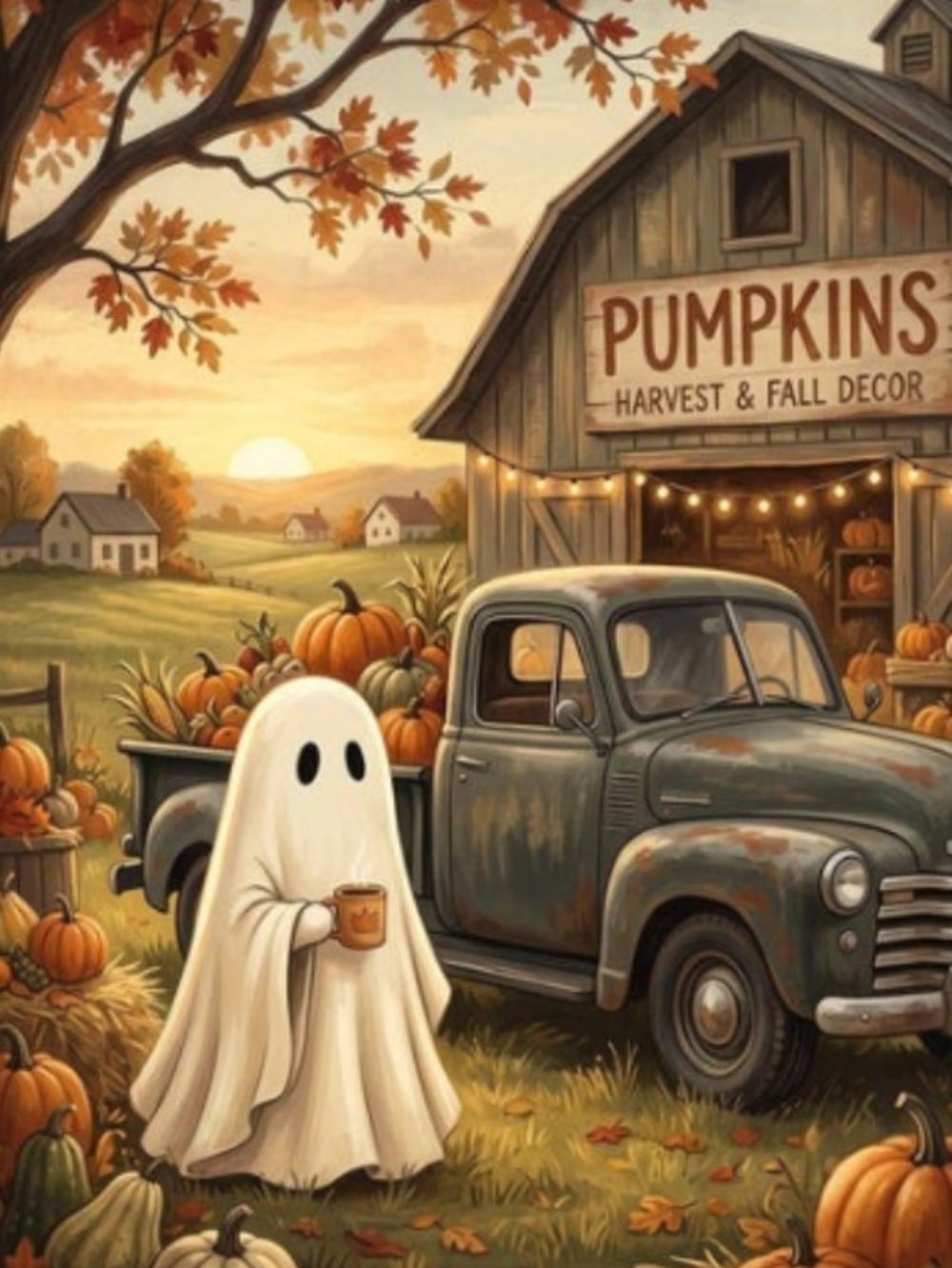 Autumn Ghost Farmhouse Wall Art - Cream & Orange Fall 8x10 Print